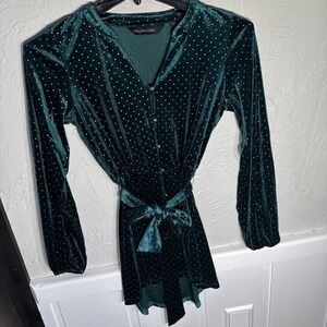 Colleen Lopez Belted Velvet Tunic Forest Green W/Gold Dots WMN XXS  Stretch Knit